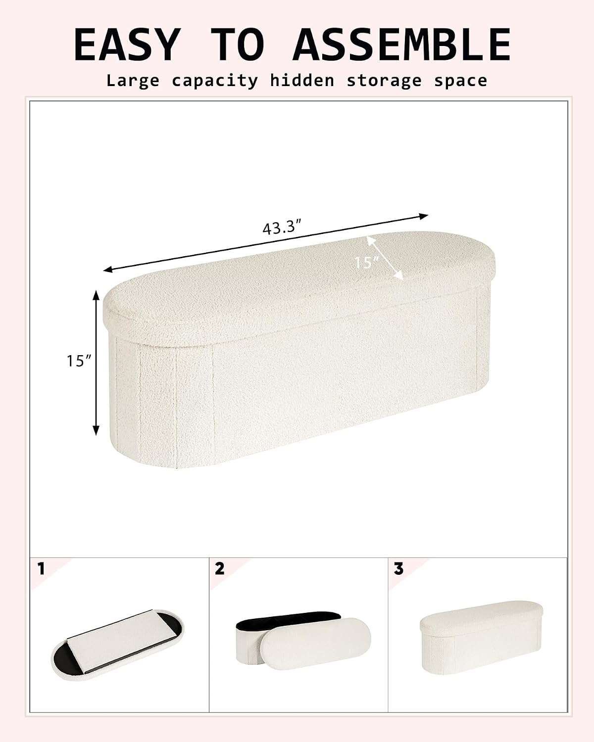 43.3 Inches Foldable Storage Ottoman Bench, Oval Footrest