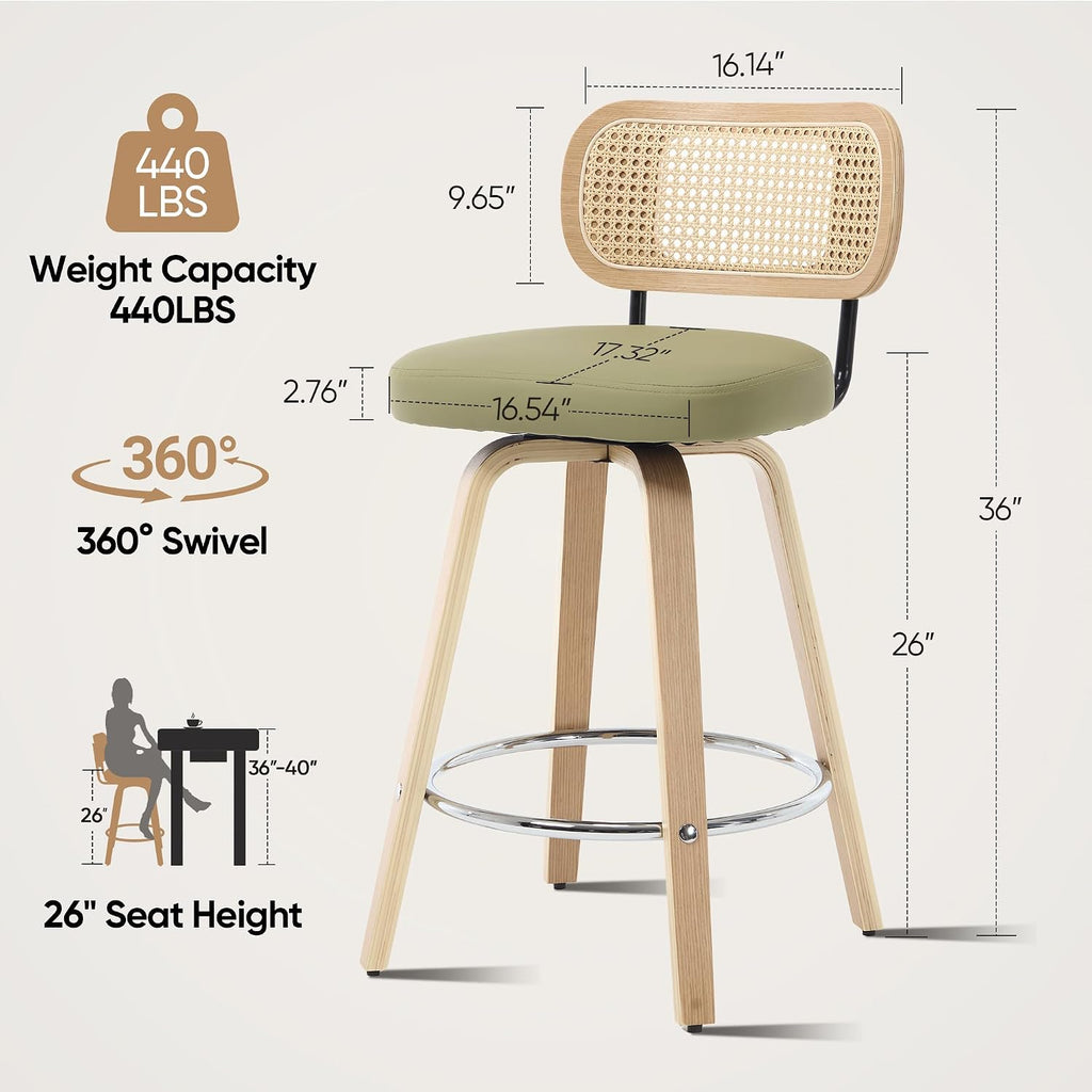 Rattan Bar Stools Set of 2,Upholstered PU Leather, 26‘’ Counter Height Barstools with Back and Wood Legs,360°Swivel,Mid-Century Modern Bar Stool for Kitchen Island Dining Room and Bar(Grass Green)