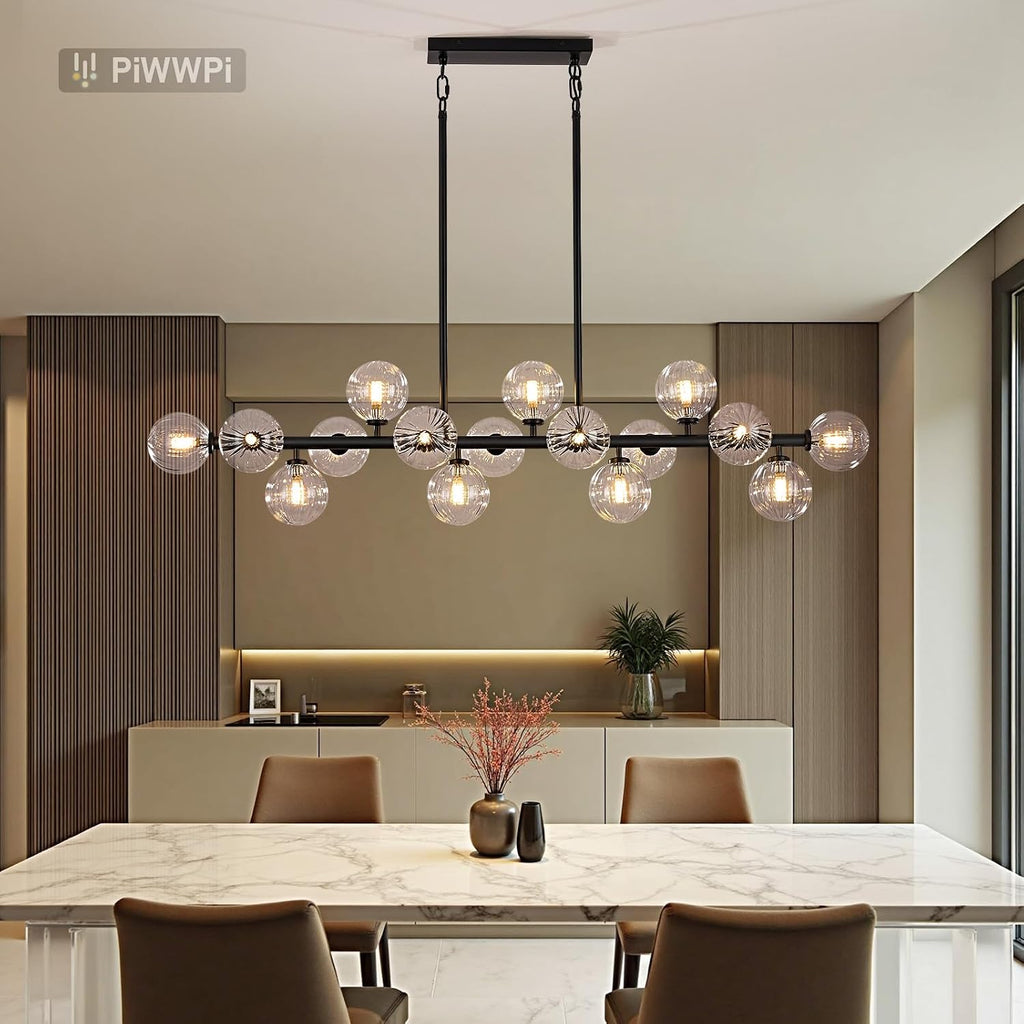 Large Linear Chandeliers for Dining Room Kitchen Island, 55" Long Light Fixture Over Table, 16-Light Modern Glass Globe Sputnik Farmhouse Chandelier, Black and Clear Bubble, GC-08