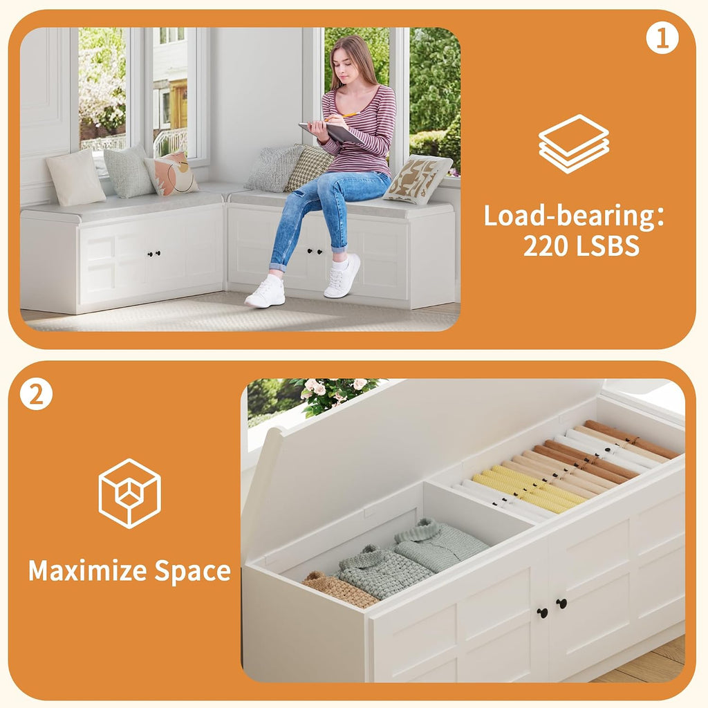 63 inches L-Shaped Storage Bench with Cushion Seat Corner Dining Bench