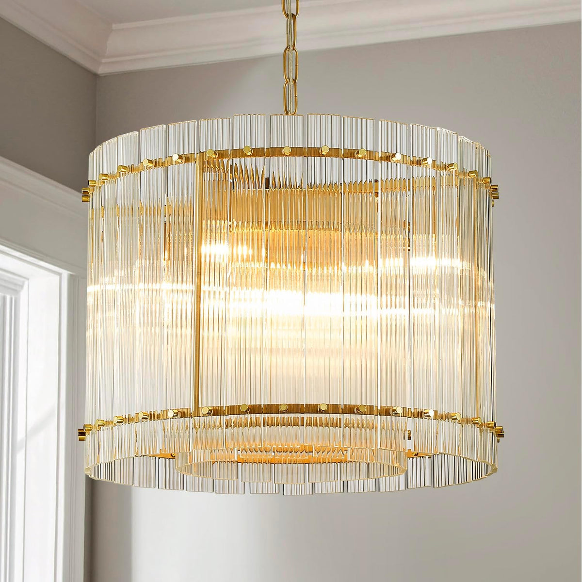 Saint Mossi 22045 Pendant Chandeliers, Mid-Modern Modern Design, Perfect for Living Space, 8 x E12 Sockets, D19'' x H14'', Adjustable Max Height 78", Glass Shade & Gold Finish Metal Frame