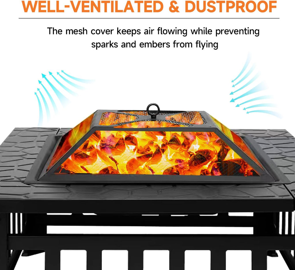 32-Inch Square Fire Pit, Wood Burning Fireplace/Firepit for Outside