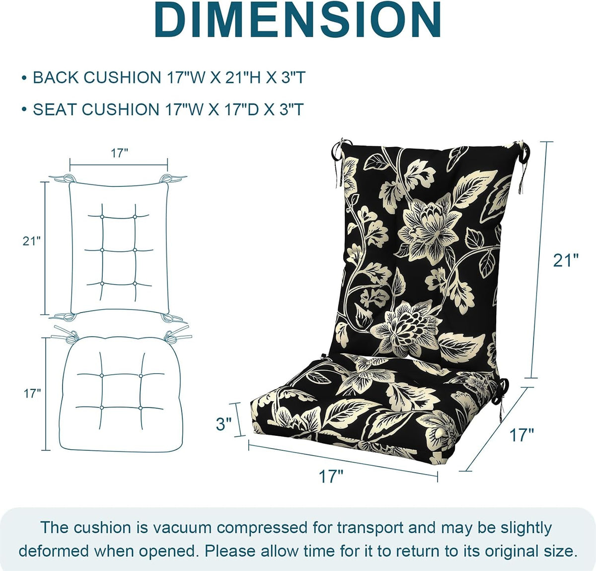 DYTXIII Set of 2 Rocking Chair Cushions for Outdoor/Indoor Use,Water Resistant Tufted High Back Chair Pads for Patio,Porch,Balcony Rocker and Adirondack Furniture - Vines Black