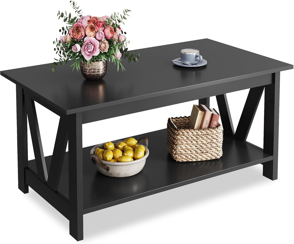 WLIVE 39.4" Farmhouse Coffee Table, Wood Center Table Storage Black
