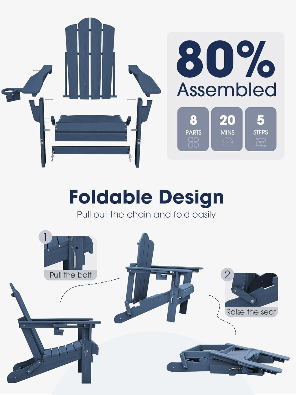 KINGYES Adjustable Adirondack Chairs Set of 2, Folding Outdoor Chair, Blue