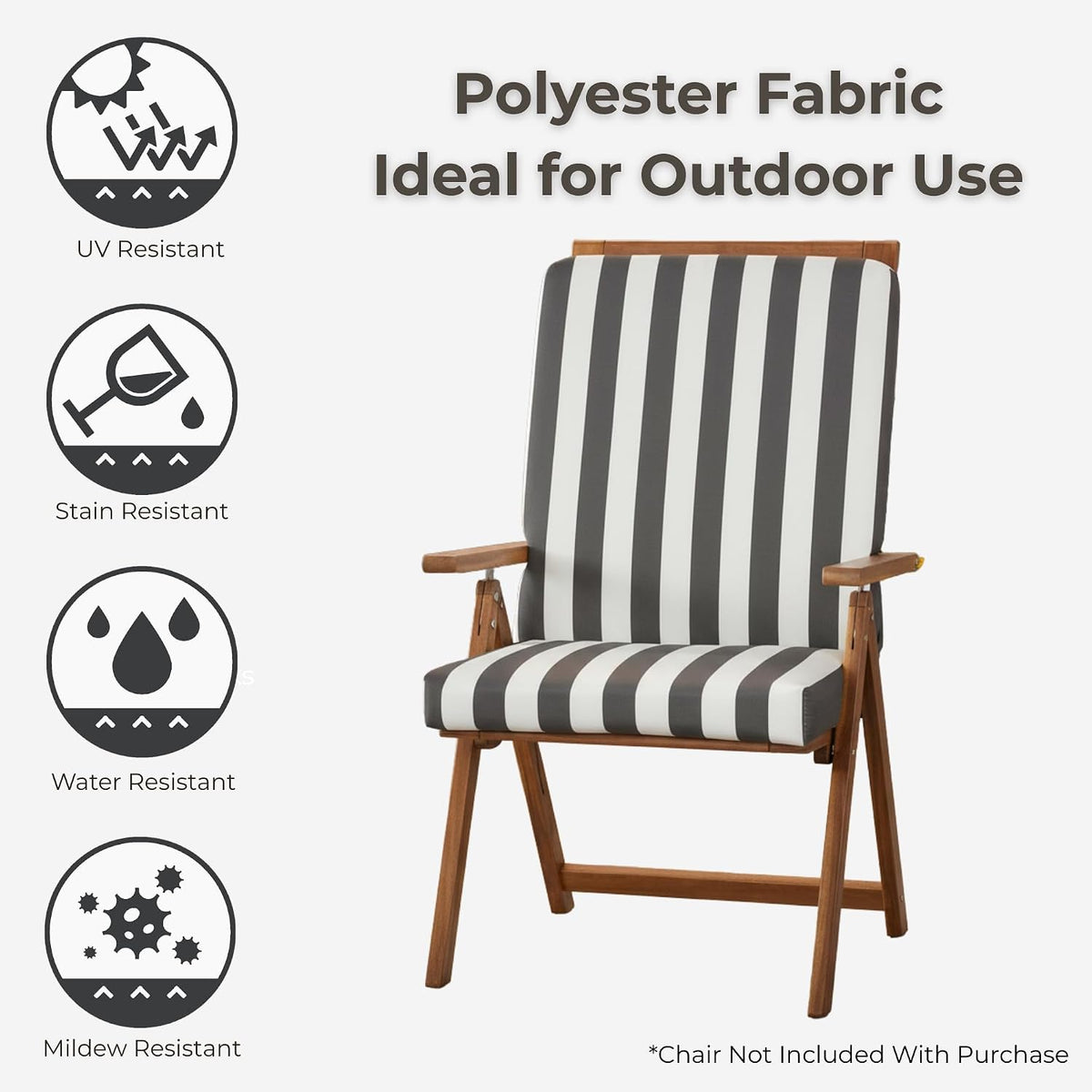 High Back Outdoor Chair Cushion – Hinged Patio Chair Pad with Removable Cover, Reversible Cushion with Ties, Durable Polyester Fabric, Eco-Friendly Recycled Polyfiber Fill, Canopy Stripe Gray