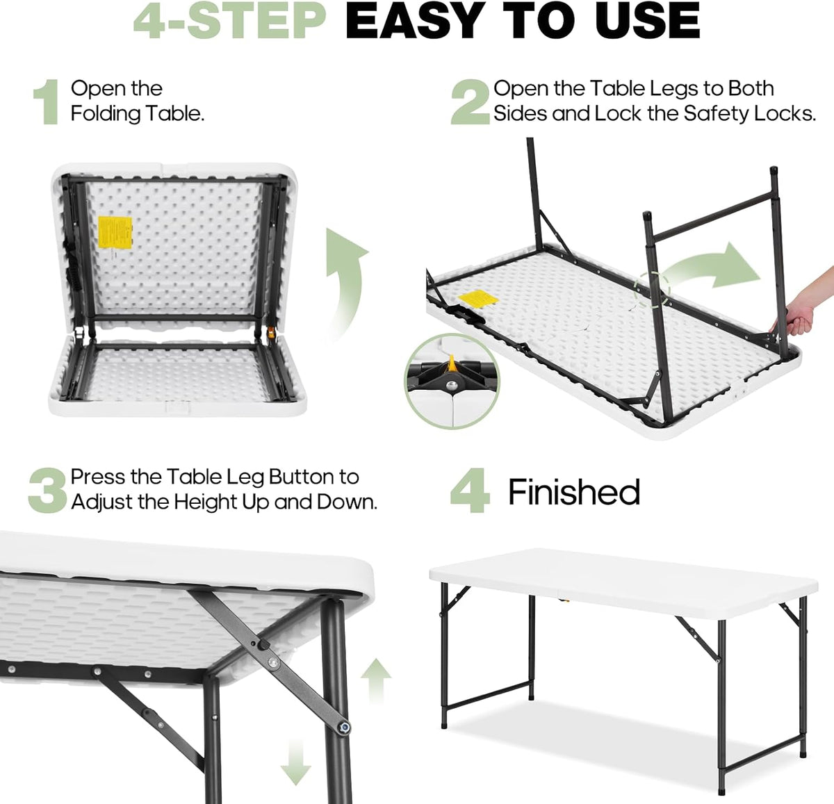 4ft Folding Table with Adjustable Height, 2-Level Foldable Table with HDPE Top & Steel Legs, Portable 4 Foot Folding Table for Picnic, Party, Craft, Indoor Outdoor Use, White