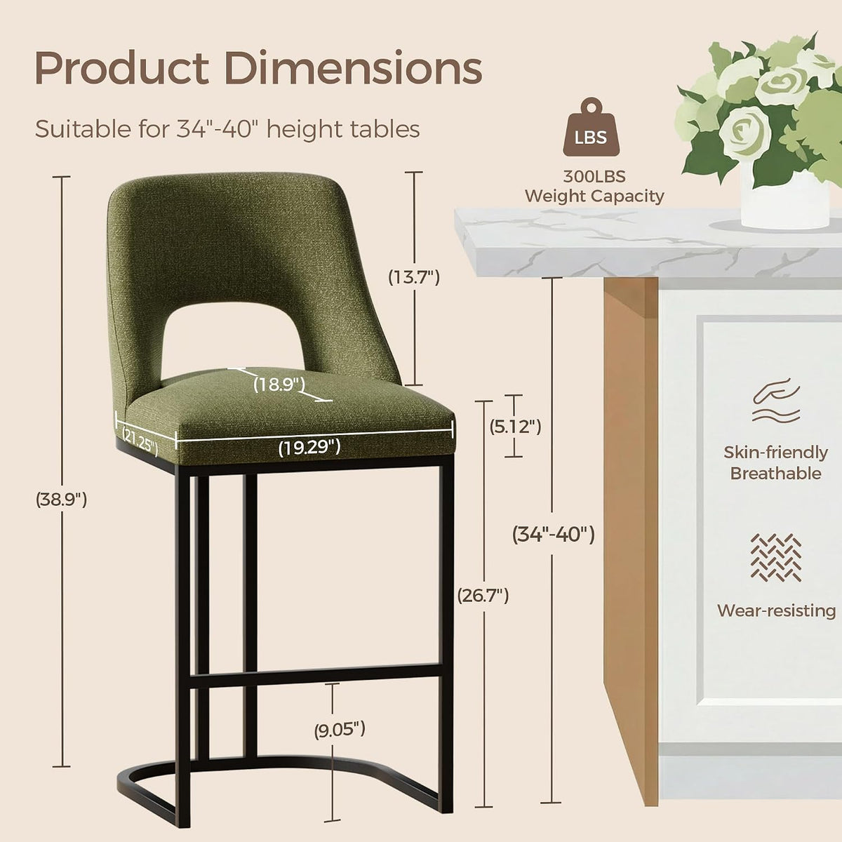 UVV Bar Stools Set of 4, Upholstered Counter Height Bar Stools with Sturdy Metal Legs Green Barstools for Bar Kitchen Island Dining Room