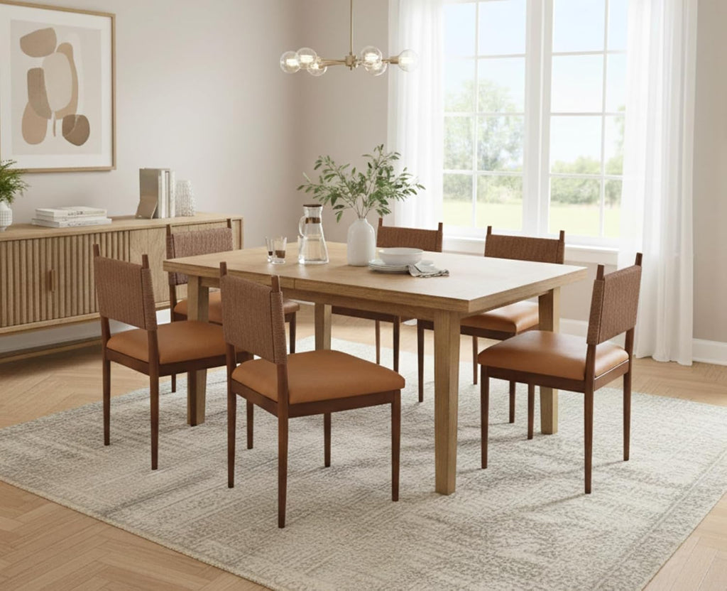 CIMOTA Leather Dining Chairs Set of 4, Woven Back/Walnut Wood/PU Brown