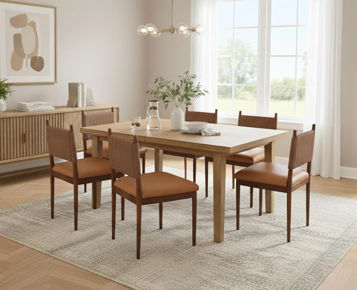 CIMOTA Leather Dining Chairs Set of 4, Woven Back/Walnut Wood/PU Brown