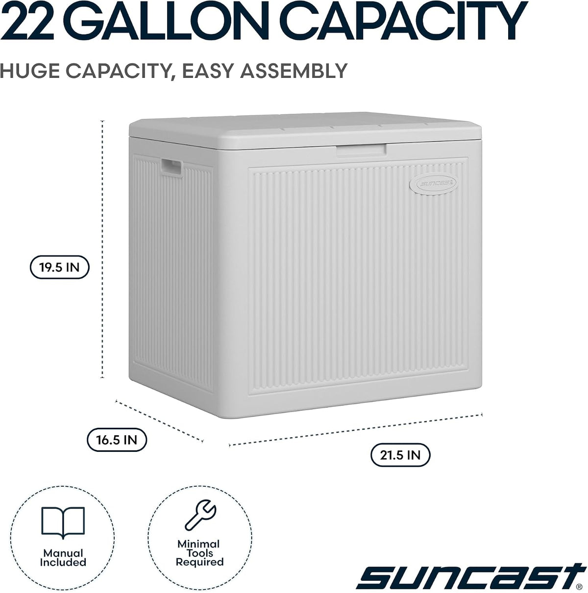 Suncast 22 Gal, Small Outdoor Storage Deck Box, Resin Reeded, French Gray