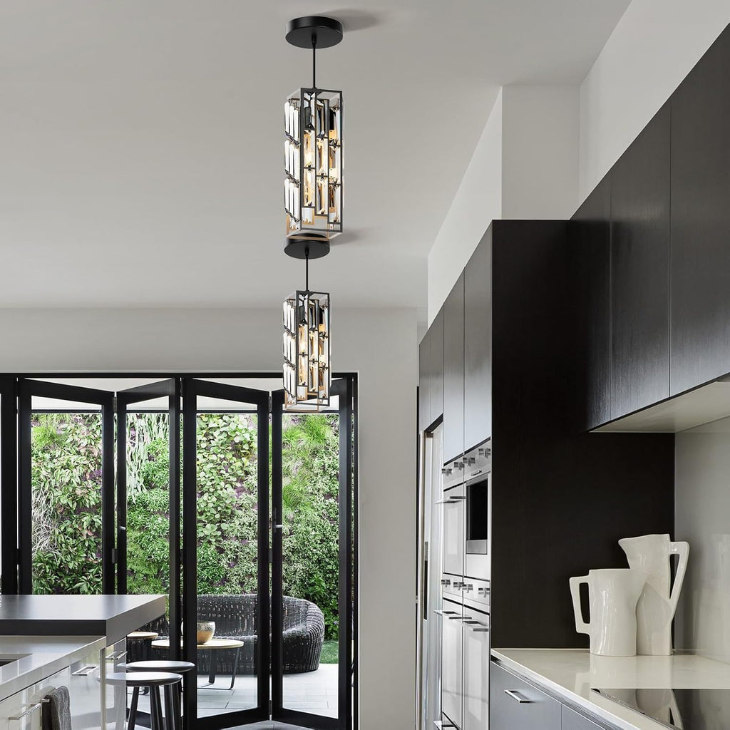 Modern 1-Light Crystal Pendant Light Kitchen Island, Black, 2-Pack