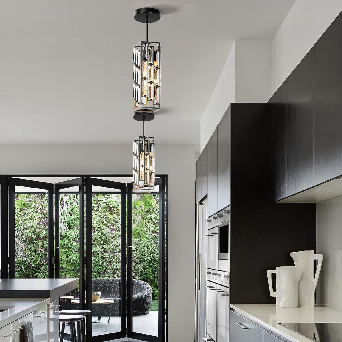 Modern 1-Light Crystal Pendant Light Kitchen Island, Black, 2-Pack