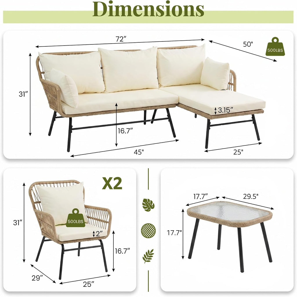 RADIATA 5 Pcs Boho Outdoor Furniture, High Back Wicker Conversation Set