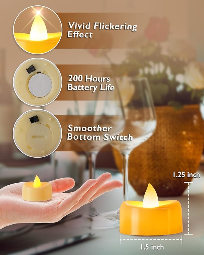 Raycare 100 Pack LED Tea Lights Battery Operated, 200+Hour Flickering Votive Candles, Realistic Fake Flameless TeaLights for Wedding Party Halloween Thanksgiving Christmas Decorations,Ivory Base