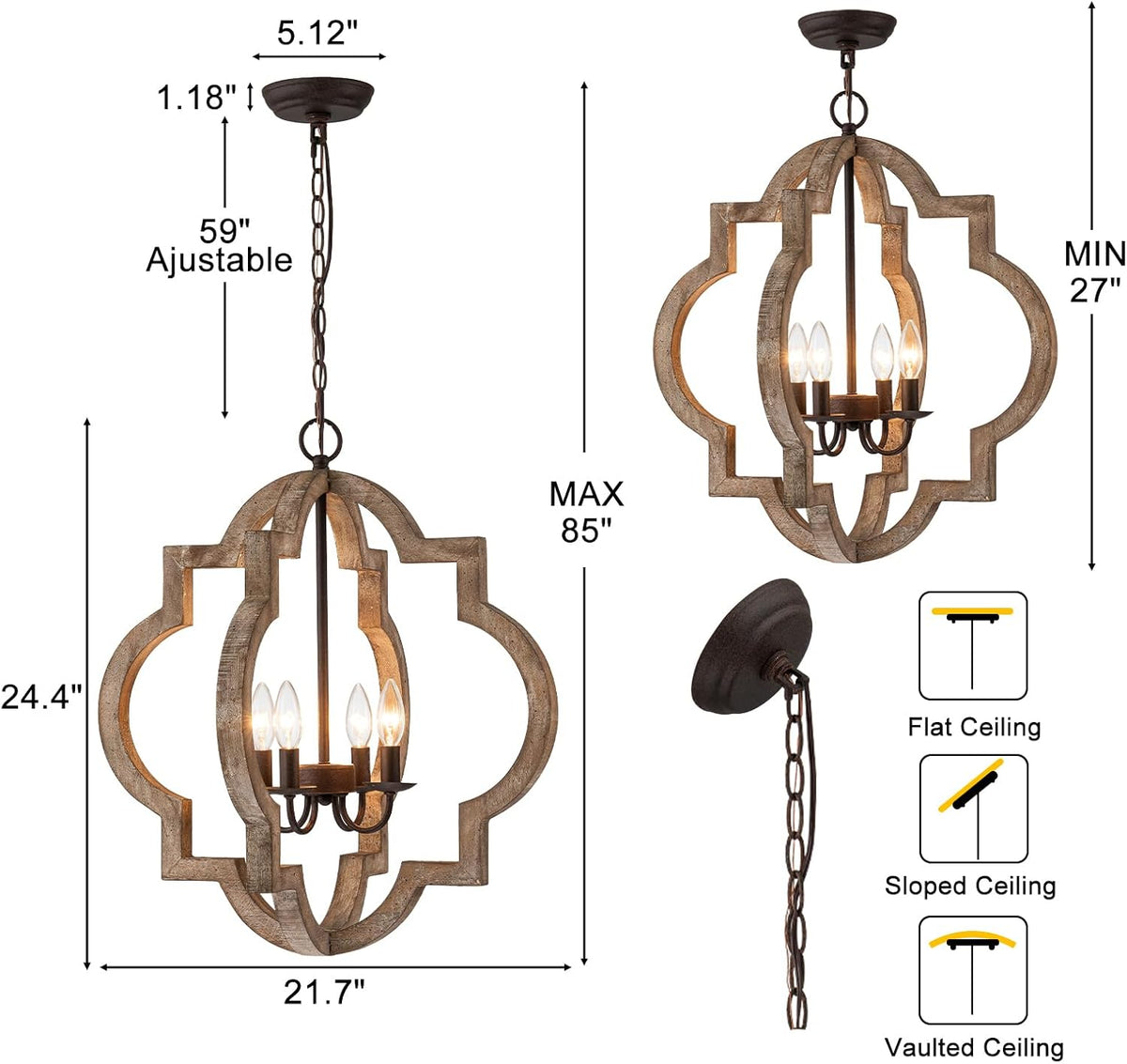 22" Farmhouse Chandelier Orb Distressed Wood Oak Dining Room Light Fixture