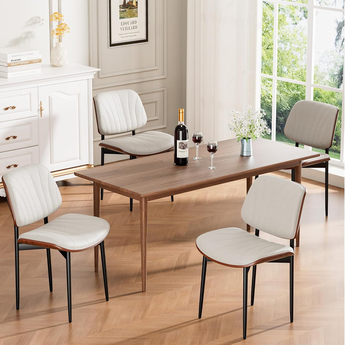 REONEY Dining Chairs Set of 6, Mid-Century Modern Kitchen Chairs, Off-White