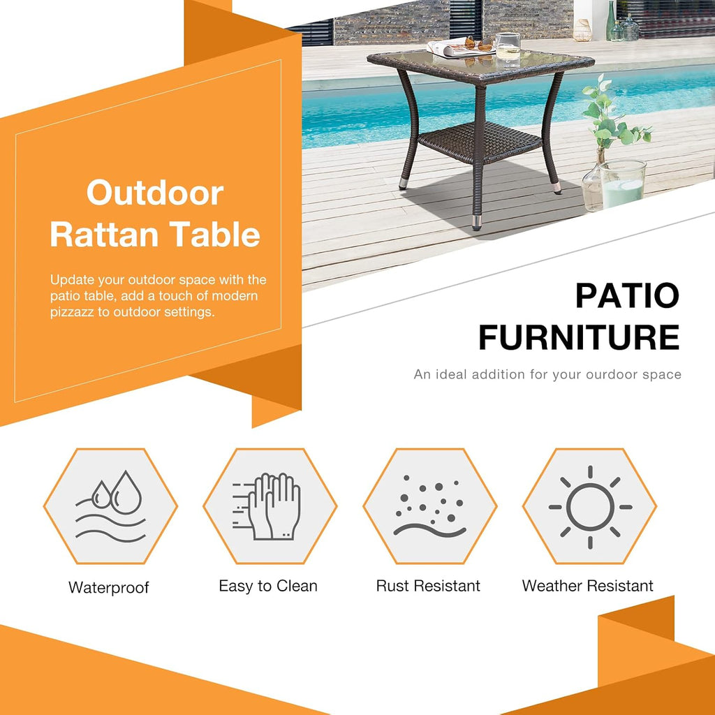 Patiorama Outdoor Wicker Patio Side Table, Weather Resistant Rattan Coffee Table, Square End Table, Aluminum Frame, Espresso Brown