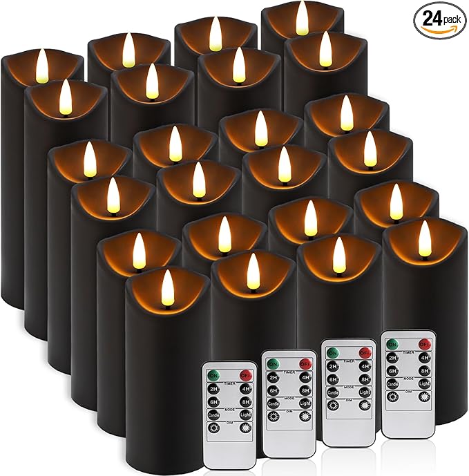 24-Pack Black Flameless LED Candles with Remote & Timer (3 Sizes) - Batte...