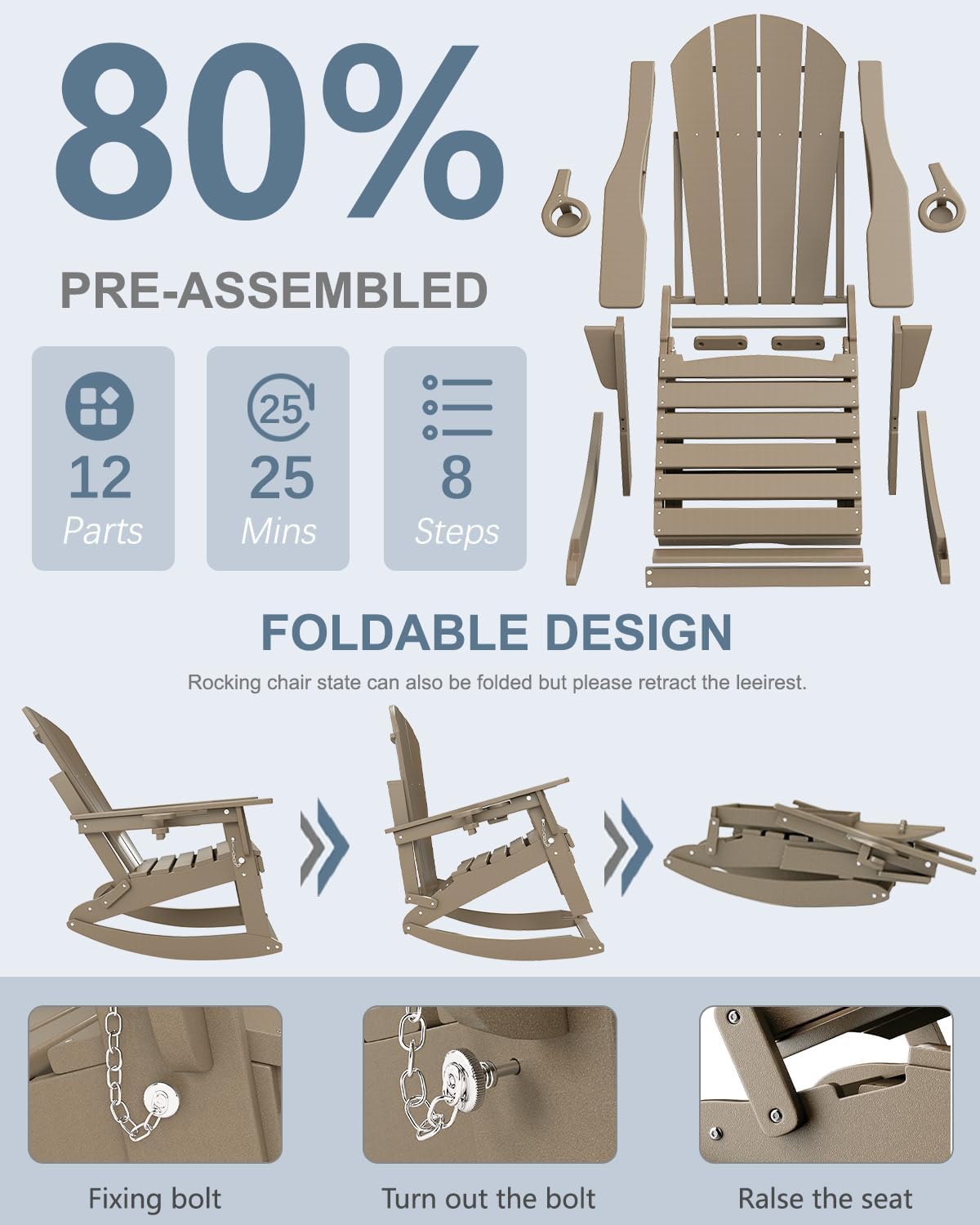 NAVINE Adirondack Rocking Chairs Set of 2 with Retractable Ottoman, Brown