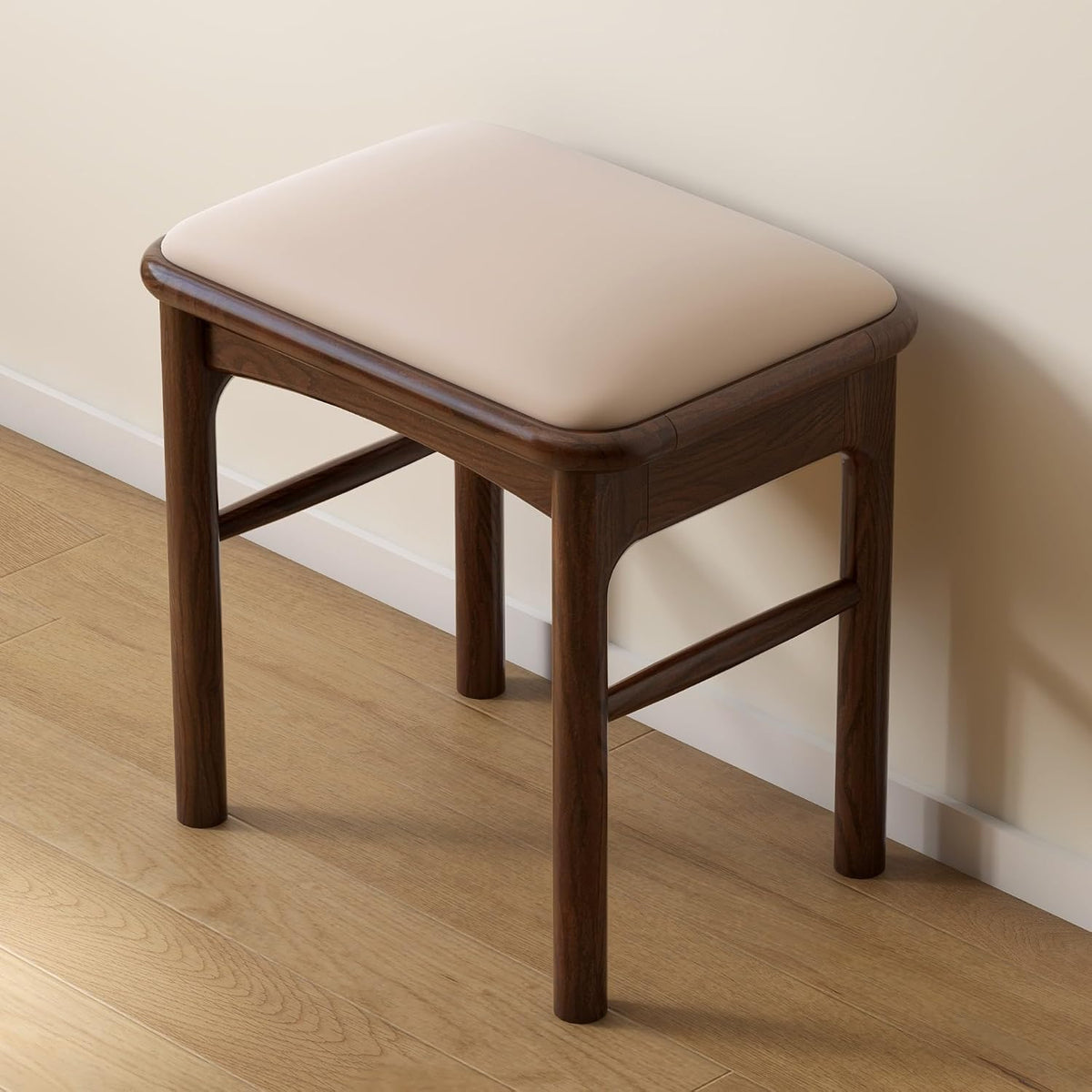 Upholstered Stool with Solid Wood Leg, Leather Padded Dining Ottoman Walnut Footrest Stool Bench Seat for Entryway Kitchen, 1pc