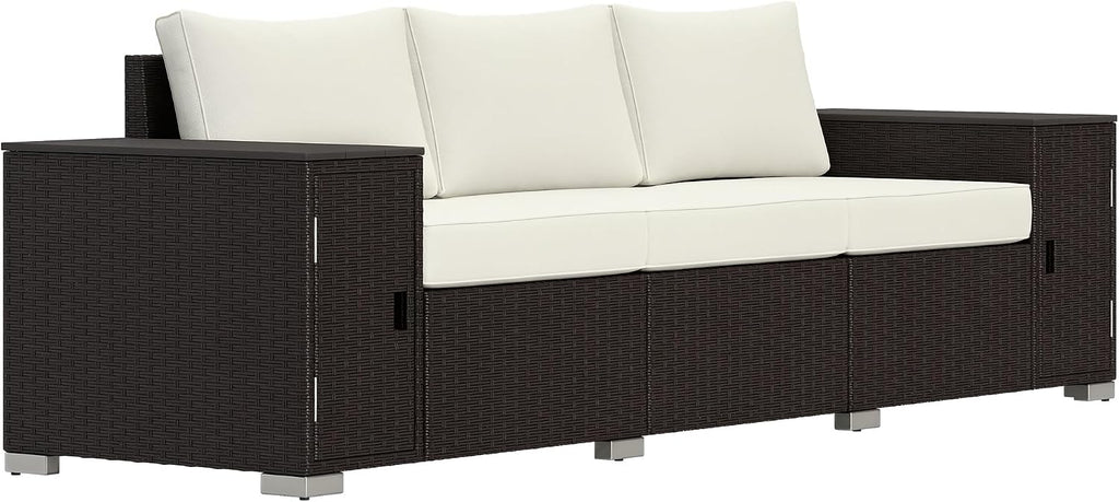 Outsunny 3 Seater Wicker Sofa with 2 Storage Side Tables Cream White/Brown