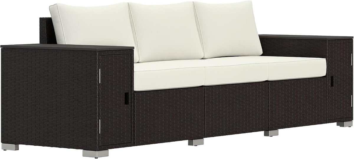 Outsunny 3 Seater Wicker Sofa with 2 Storage Side Tables Cream White/Brown