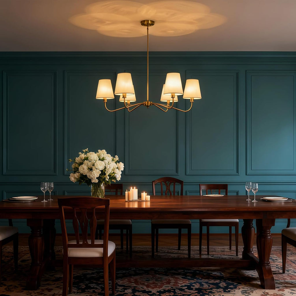 Brass Gold Chandeliers for Dining Room 6 Light Chandelier with Fabric Shade