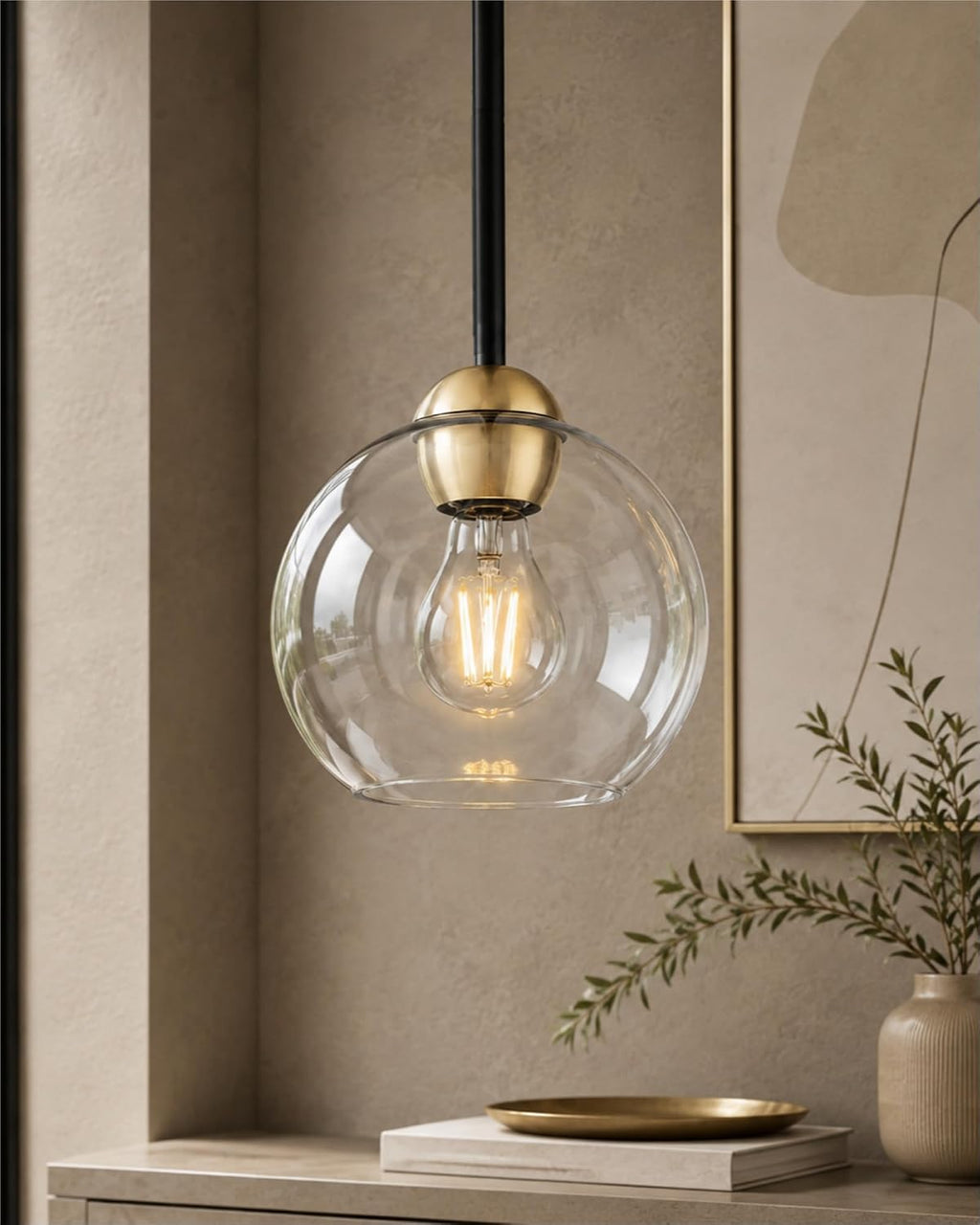 Emak 2 Pack Black and Gold Pendant Light Fixtures, Modern 7 Inch Globe Pendant Lights Kitchen Island with Clear Glass Shade, 1 Light Hanging Lights for Kitchen, Bedroom, Bathroom, PL119-BKBGD-2PK