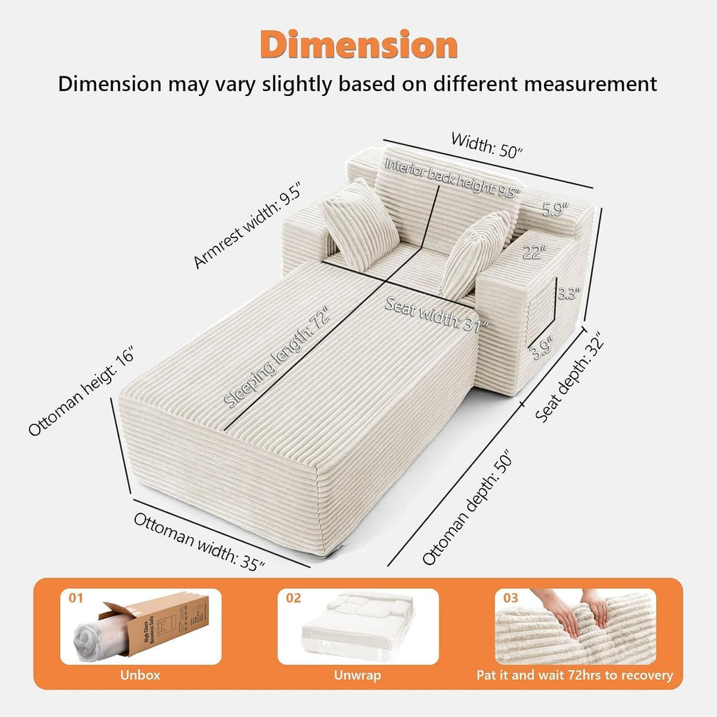 Boneless Chair, 82" Oversized Chaise Lounge with Ottoman, White