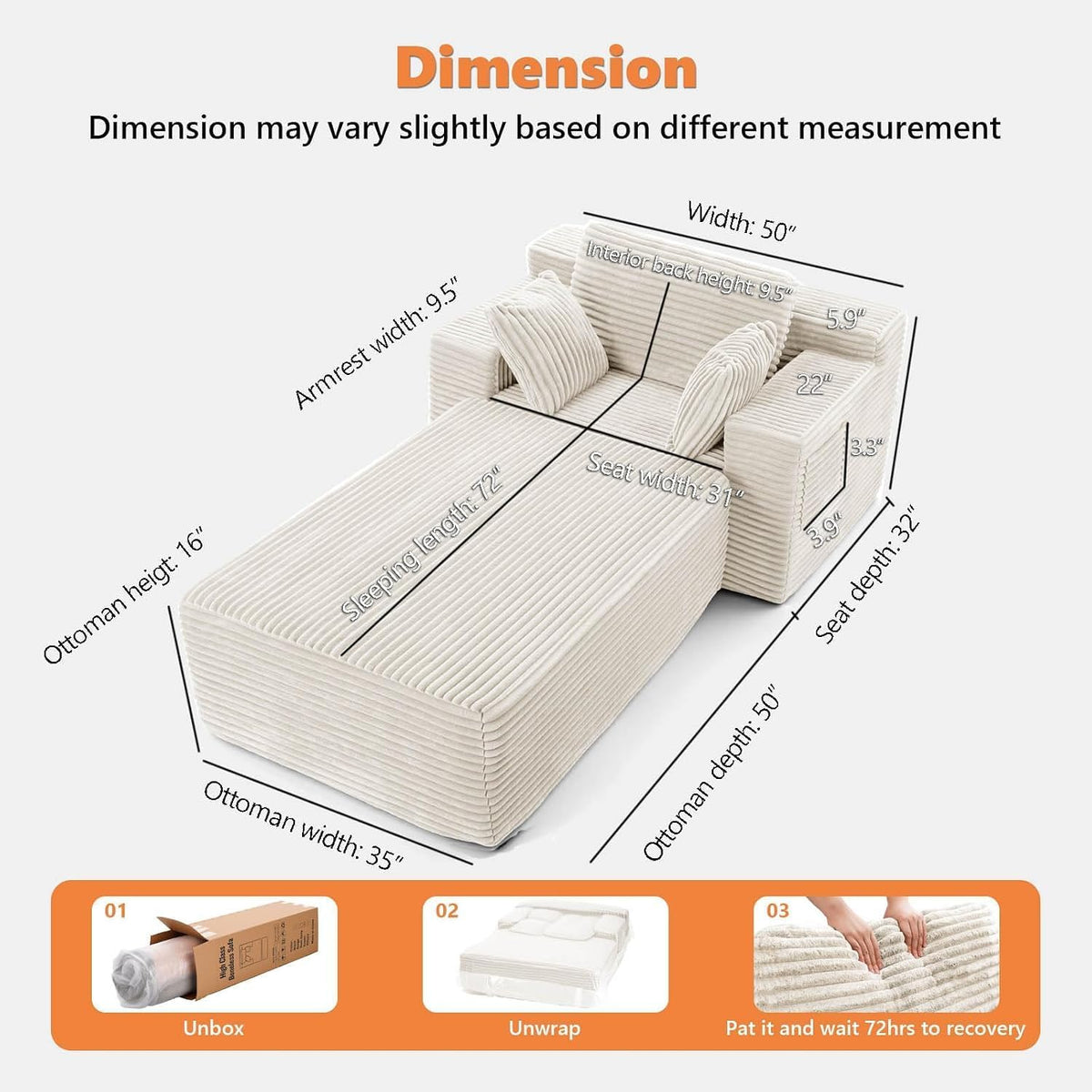 Boneless Chair, 82" Oversized Chaise Lounge with Ottoman, White