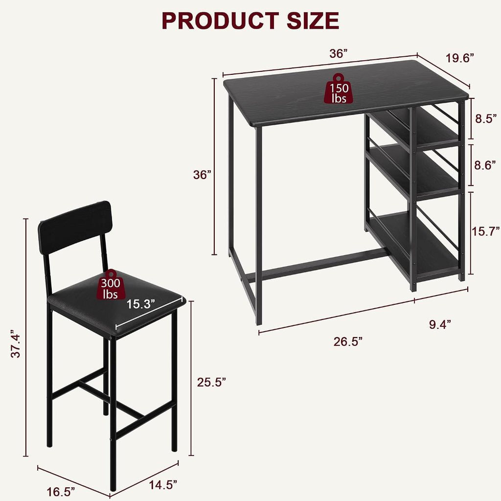 bar table and chair set with 3 shelves shown in use