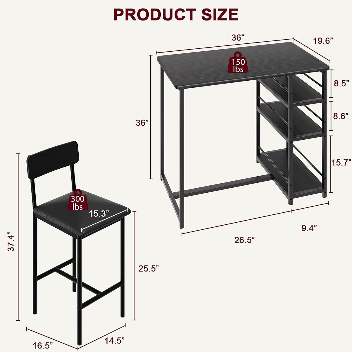 bar table and chair set with 3 shelves shown in use
