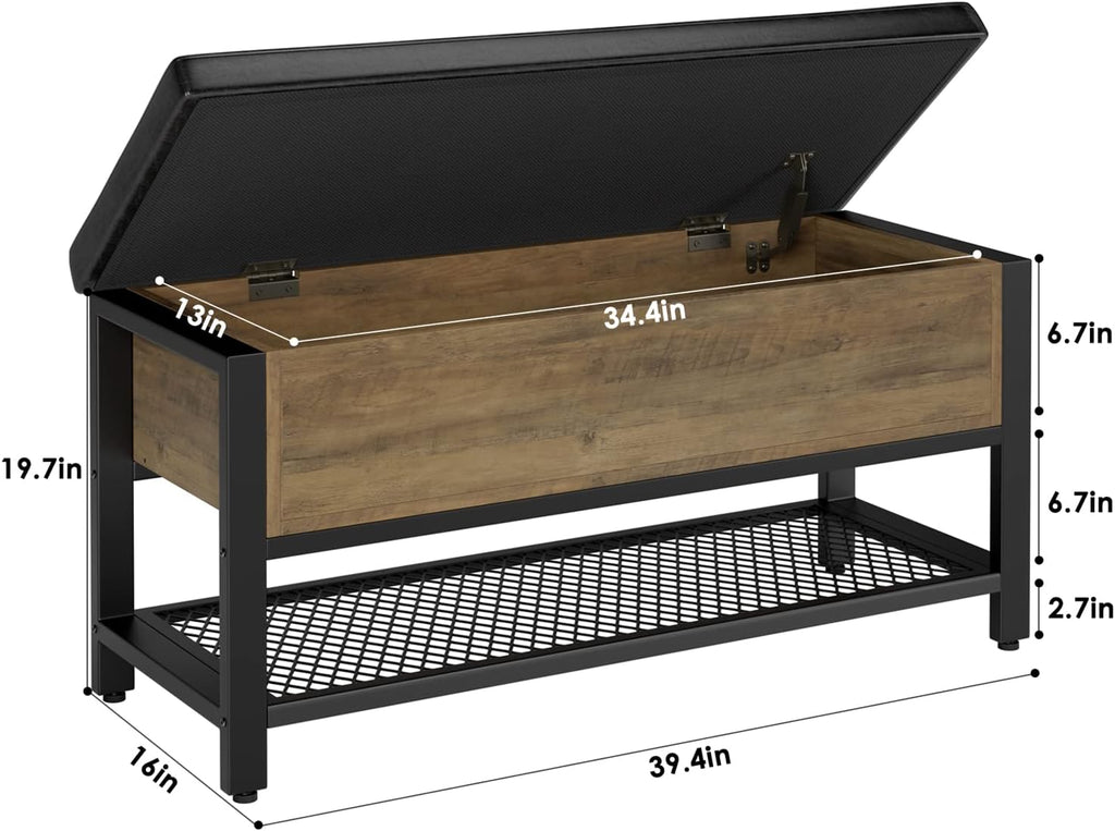 HOSTACK 40" W Storage Bench, Entryway Shoe Bench with Cushion, Rustic Brown