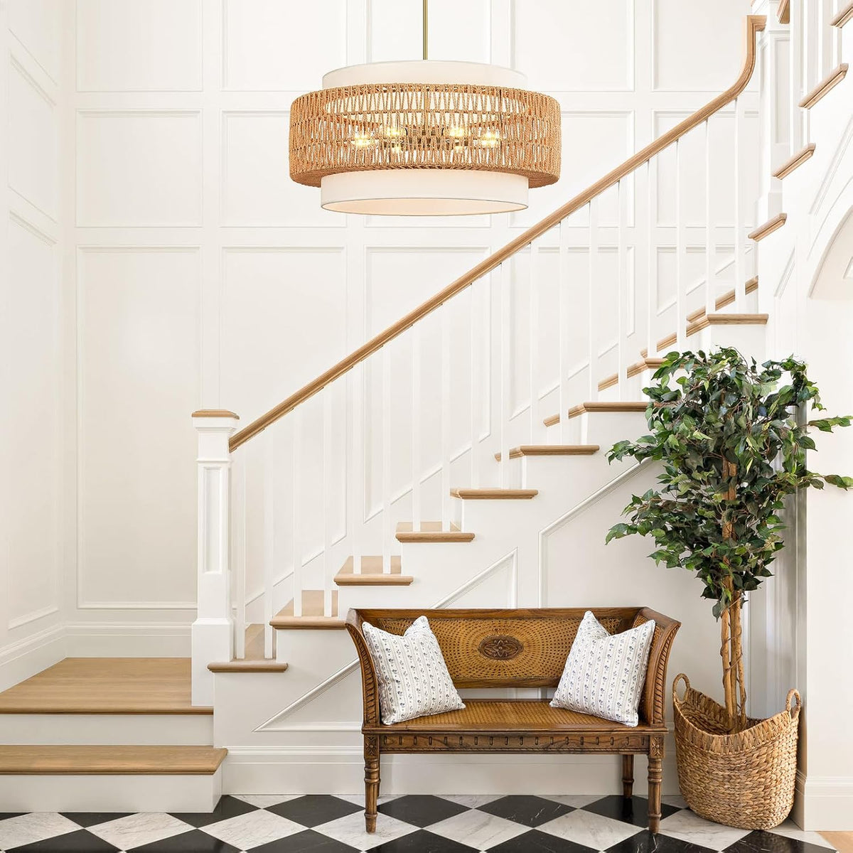 6-Light Rattan Chandelier for Dining Room, 25.6" Boho Pendant Hanging Light