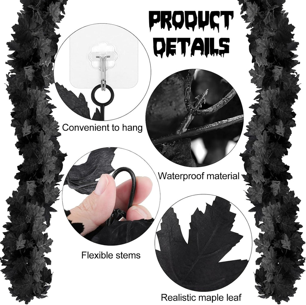 Joyhalo 8 Pack 5.7FT Halloween Garland Black Leaf Garland for Mantle, Artificial Hanging Black Maple Leaves Vines, Spooky Halloween Outdoor Floral, Haunted Mansion, Gothic Halloween Decor