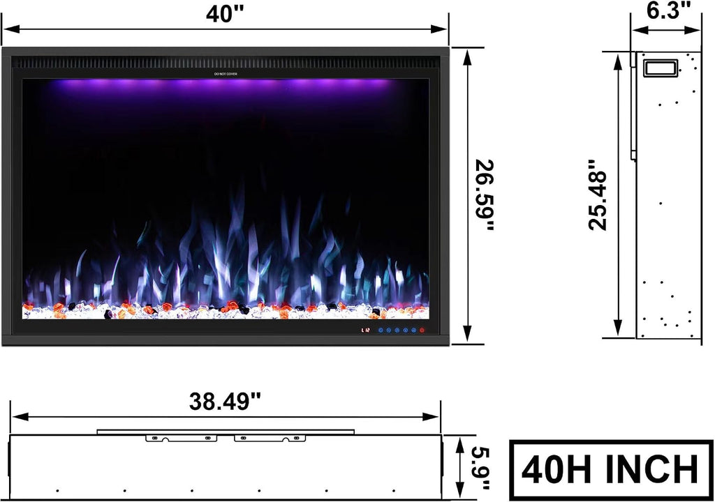 40'' WiFi- Enabled Electric Fireplace Inserts - Alexa & App Control, Slim Recessed & Wall Mounted, 13 * 13 * 3 Flame Color Combinations, 750W/1500W, Black