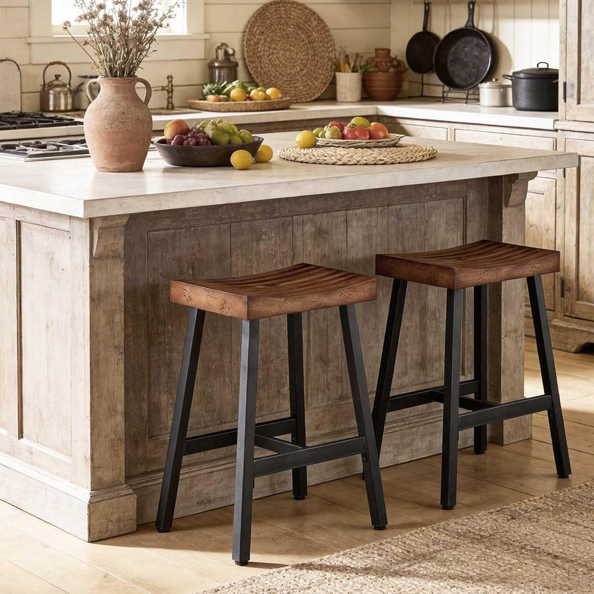 Rustic Farmhouse Wood Bar Stools Set of 3, 25" Backless Counter Barstools with Reclaimed Brown Solid Wooden Saddle Seat, Heavy Duty Vintage Black Industrial Metal for Kitchen Island, Bar