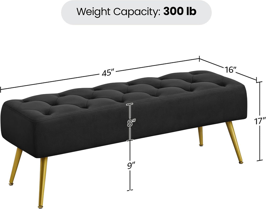 Yaheetech 45in Upholstered Velvet Ottoman Bench Seat with Gold Legs, Black
