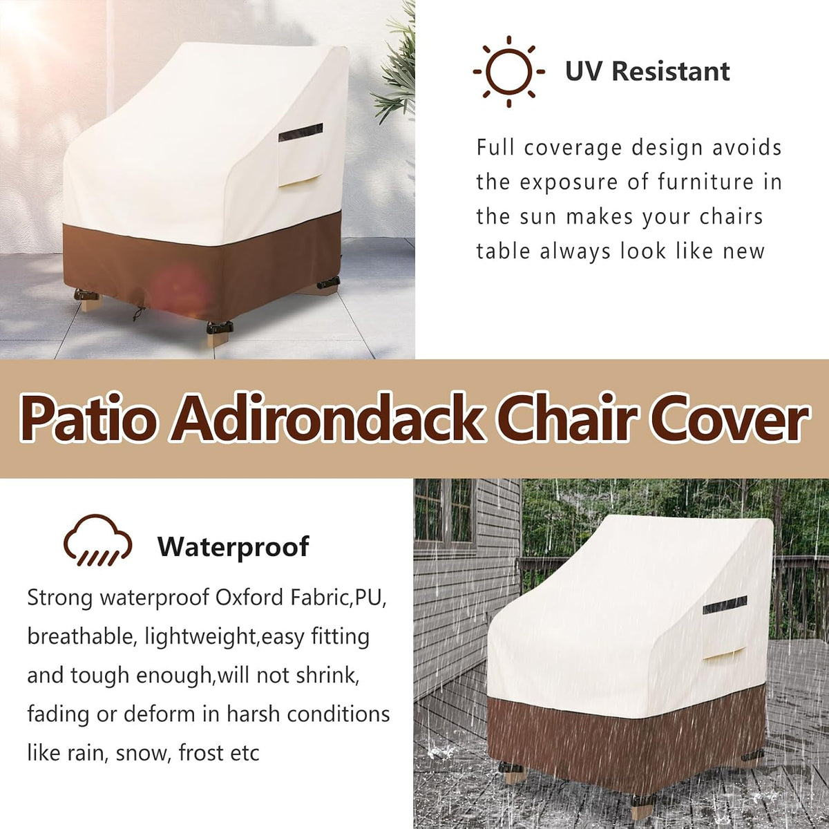 Patio Chair Covers,Waterproof Heavy Duty Patio Furniture Covers for Adirondack Chair 2 Pack (30 W x 34 D x 36 H inches) Beige & Brown