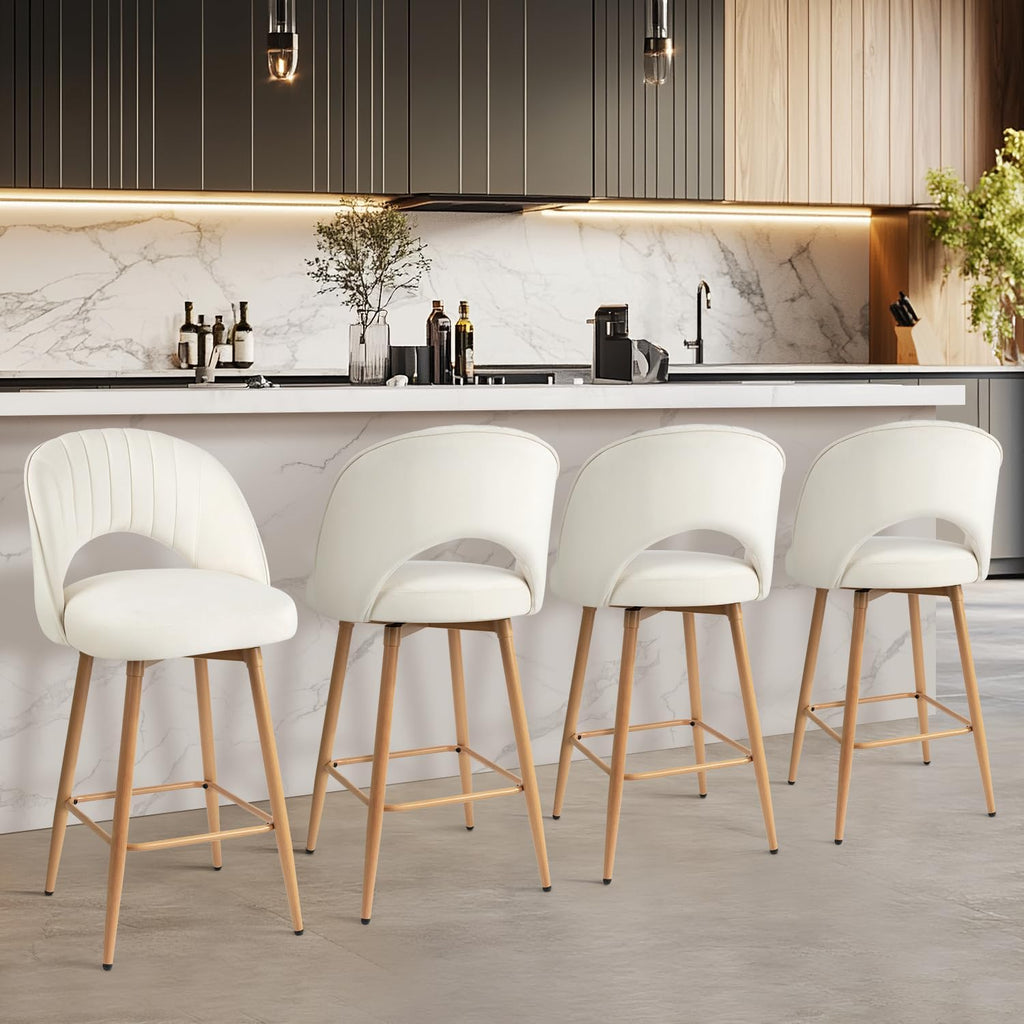 Swivel Bar Stools Set of 4, Counter Height Barstools for Kitchen Island, 26" Seat Height Bar Chairs for Dining Room, Velvet Upholstered Bar Stool with Back and Footrest, White