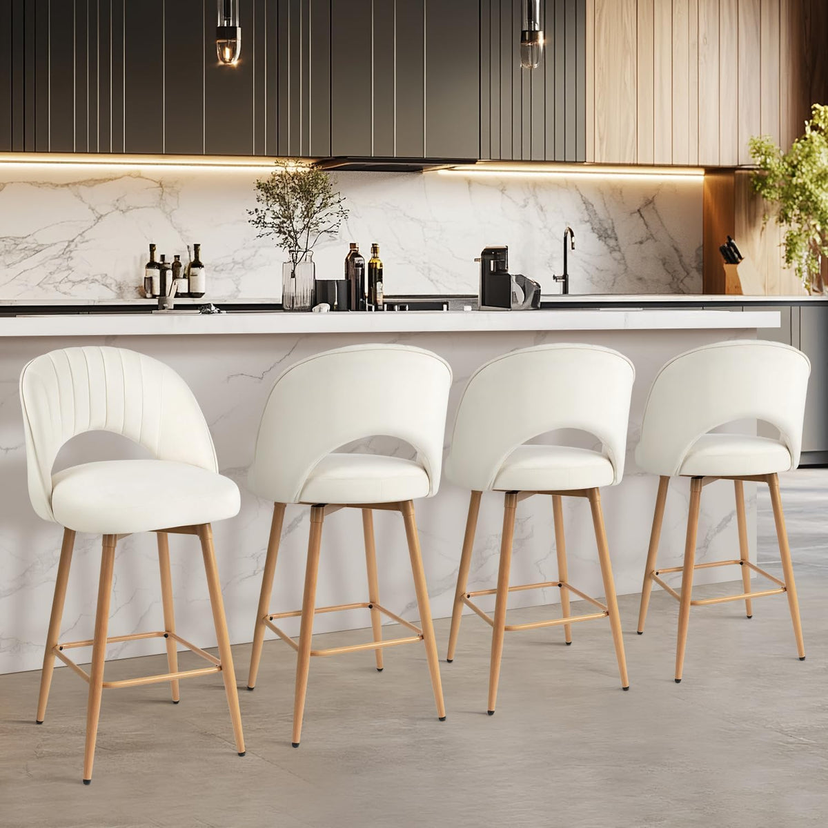 Swivel Bar Stools Set of 4, Counter Height Barstools for Kitchen Island, 26" Seat Height Bar Chairs for Dining Room, Velvet Upholstered Bar Stool with Back and Footrest, White
