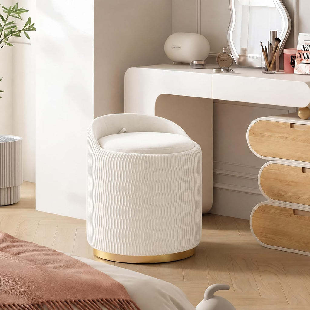 MALOL Vanity Chair with Storage, 360° Swivel Velvet Vanity Stool, Beige
