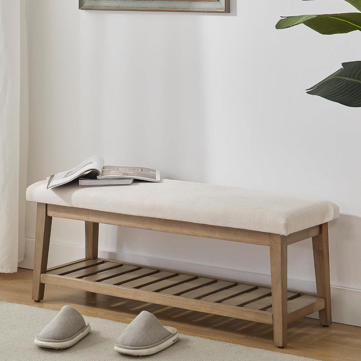 Zihanhome Entryway Shoe Bench, End of Bed Bench,Upholstered Bench(Beige)