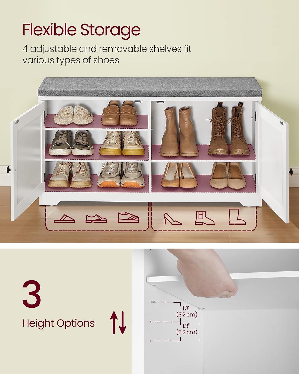 VASAGLE 3-Tier Shoe Storage Bench with Cushion, 14 x 39.8 x 20.7 Inches