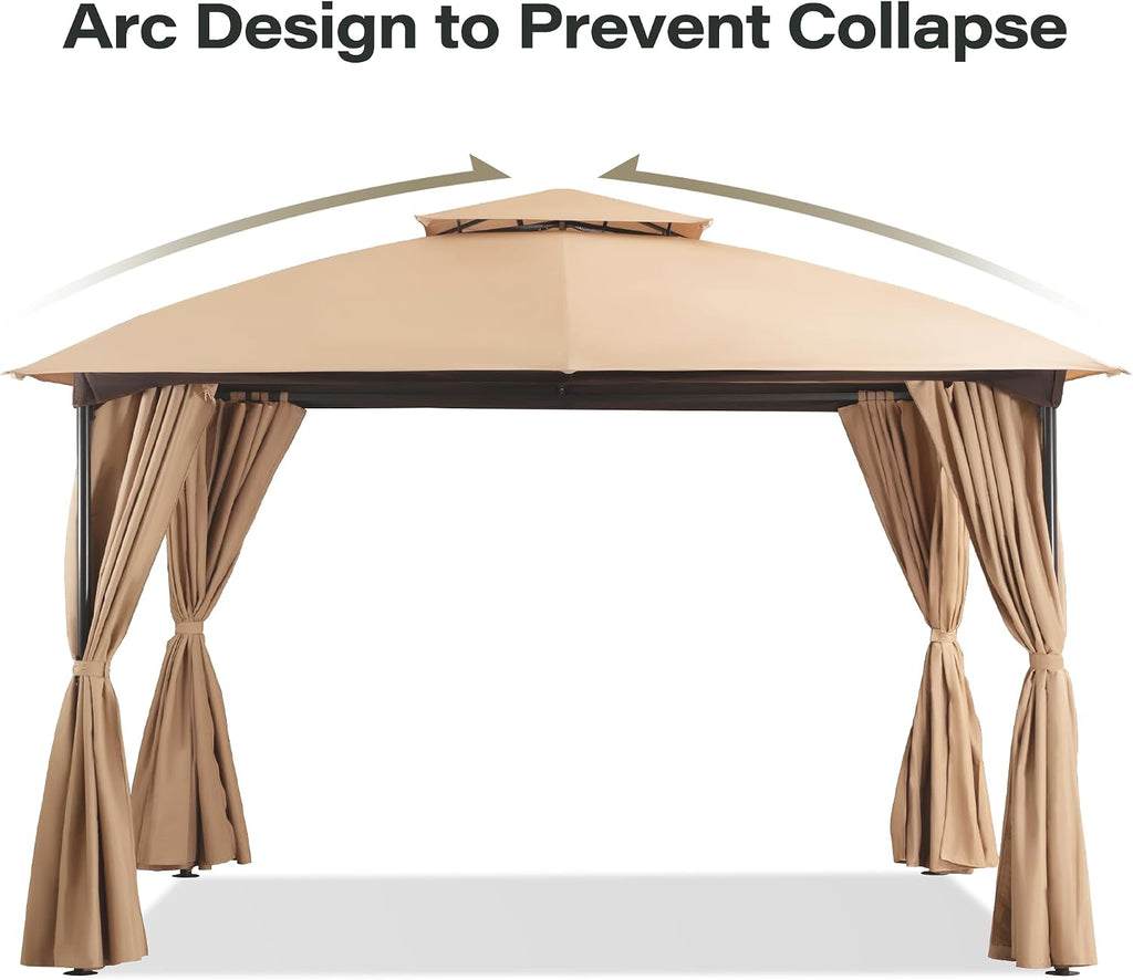 LAUSAINT HOME 10'x10' Patio Arc Gazebo, Outdoor Canopy Tent with Curved Roof Design, Double Tier Top, Privacy Curtains & Wind-Resistant Ropes, Backyard Garden Lawn, Khaki