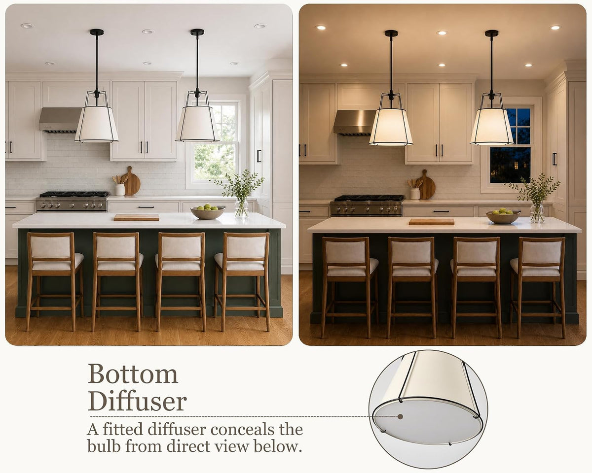 Black Pendant Lights Kitchen Island, 16.5" Linen Drum Chandelier