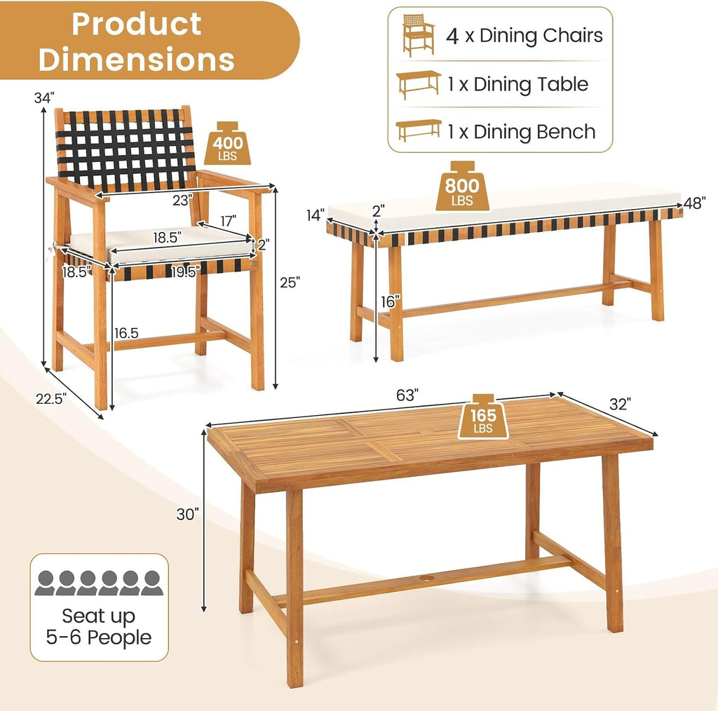 Tangkula 6 Piece Patio Dining Set for 5-6 People, 63” Outdoor Acacia Wood Table with 1.97” Umbrella Hole & Bench & 4 Cushioned Armchairs, for Deck Yard and Poolside