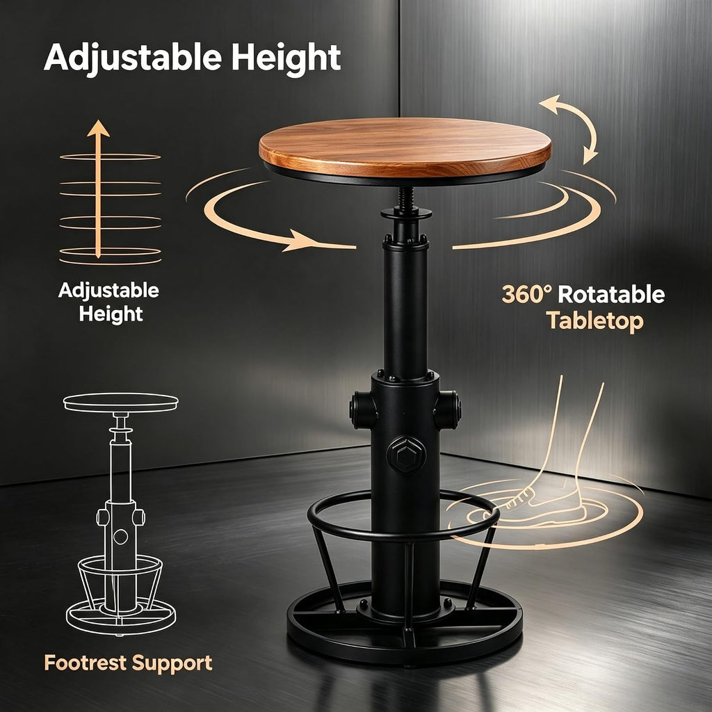LOKKHAN Industrial Bar Table 38.6"-48.4" Height Adjustable Swivel Round Wood Tabletop 23.7" Dia, Kitchen Dining Office Coffee Bistro Pub Table