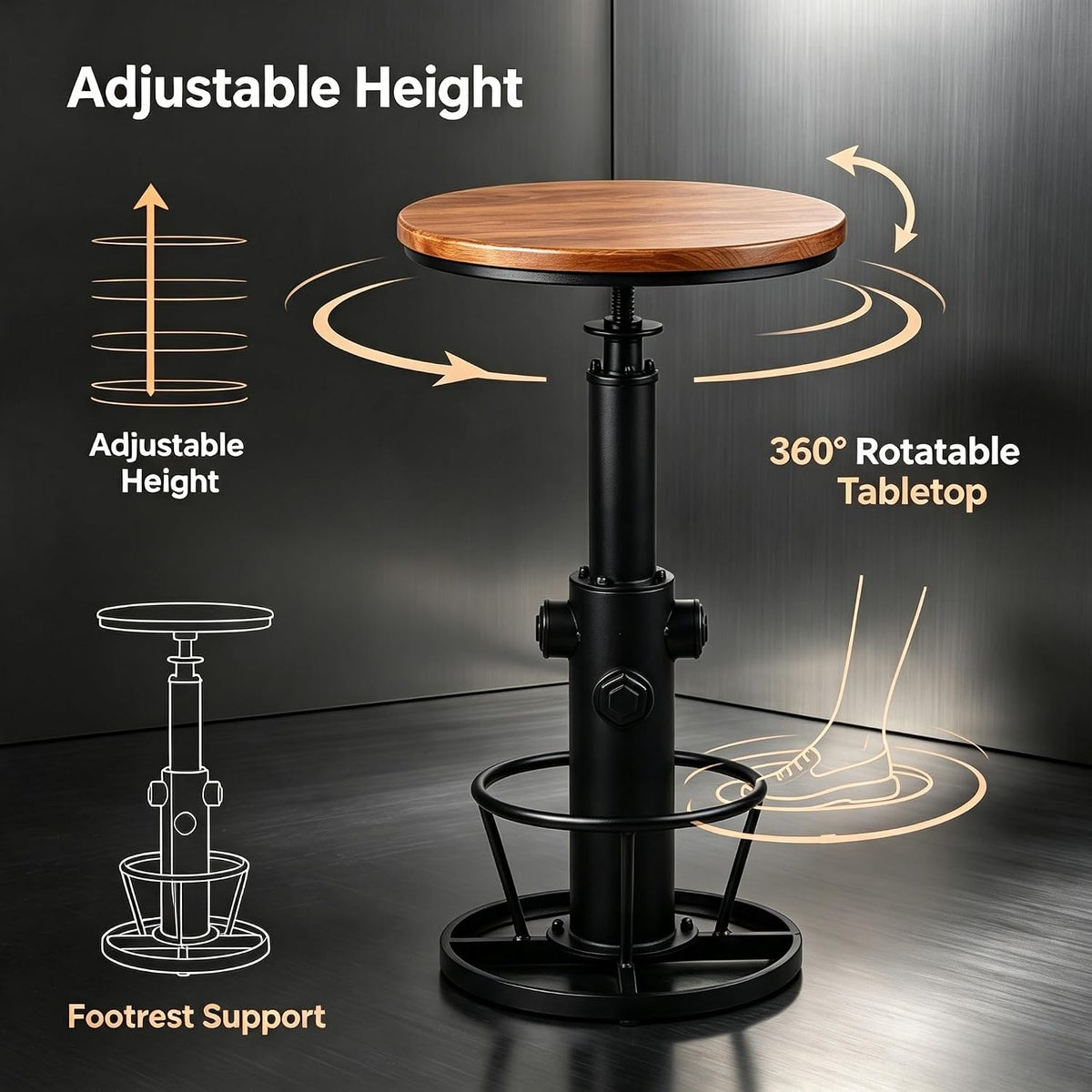 LOKKHAN Industrial Bar Table 38.6"-48.4" Height Adjustable Swivel Round Wood Tabletop 23.7" Dia, Kitchen Dining Office Coffee Bistro Pub Table